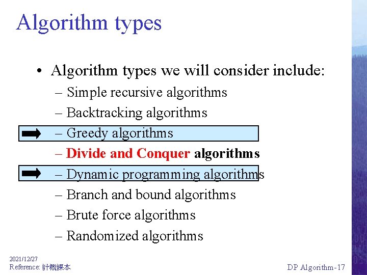 Algorithm types • Algorithm types we will consider include: – Simple recursive algorithms –