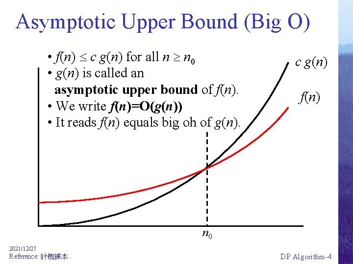 Asymptotic Upper Bound (Big O) • f(n) c g(n) for all n n 0