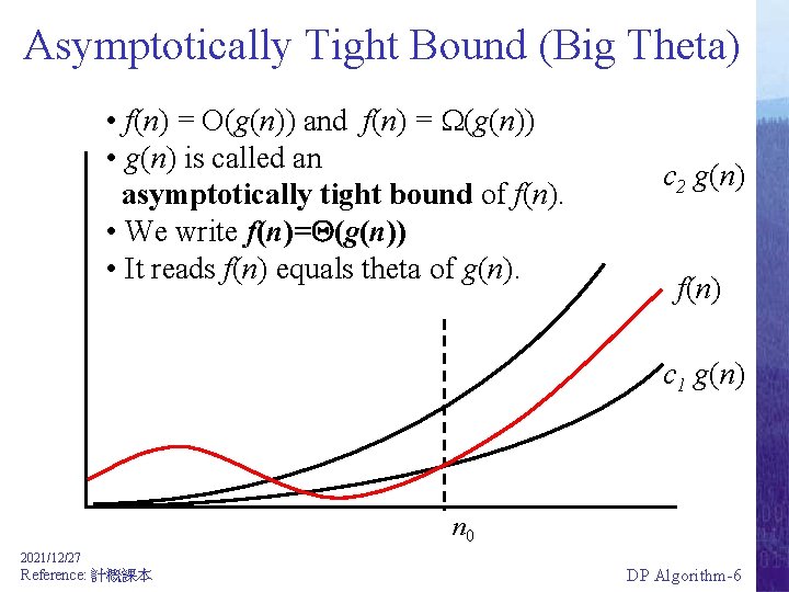 Asymptotically Tight Bound (Big Theta) • f(n) = O(g(n)) and f(n) = (g(n)) •