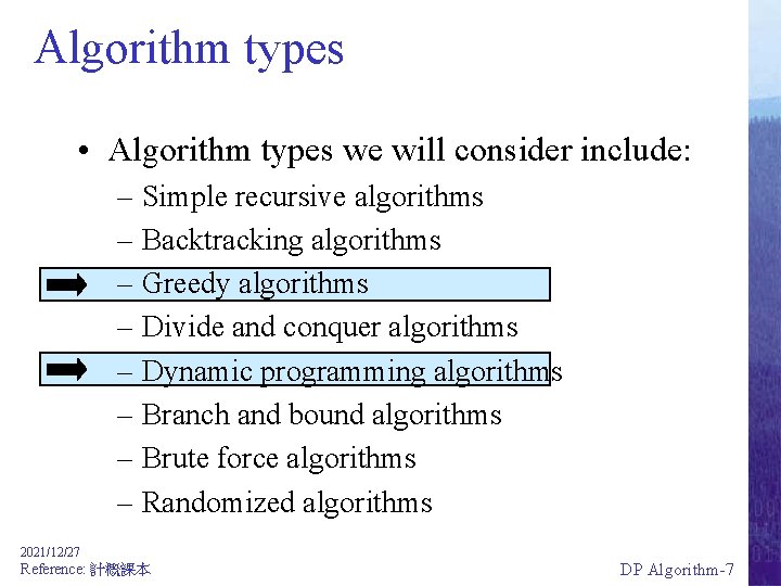 Algorithm types • Algorithm types we will consider include: – Simple recursive algorithms –