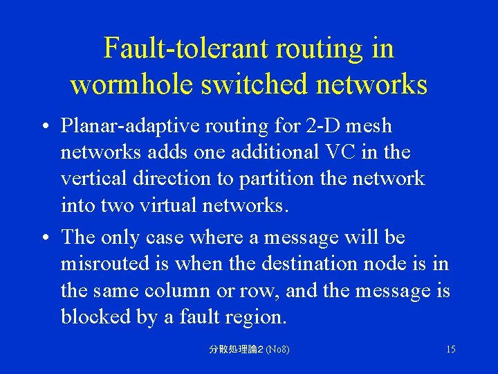 Fault-tolerant routing in wormhole switched networks • Planar-adaptive routing for 2 -D mesh networks