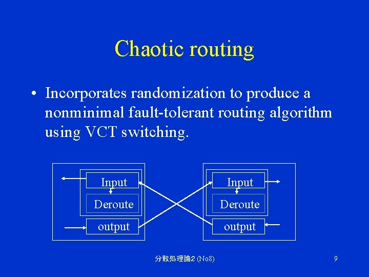 Chaotic routing • Incorporates randomization to produce a nonminimal fault-tolerant routing algorithm using VCT