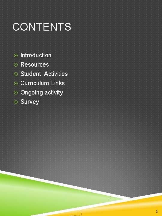 CONTENTS Introduction Resources Student Activities Curriculum Links Ongoing activity Survey 2 