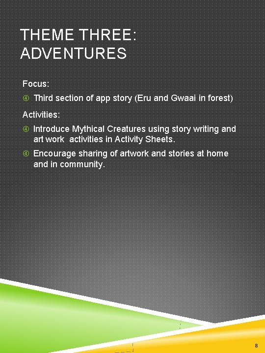THEME THREE: ADVENTURES Focus: Third section of app story (Eru and Gwaai in forest)