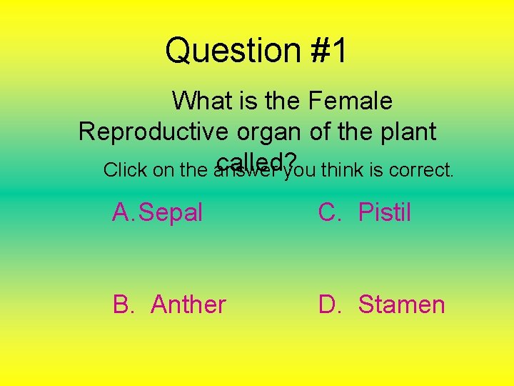 Question #1 What is the Female Reproductive organ of the plant called? Click on
