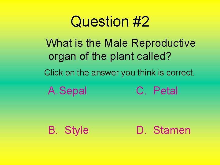 Question #2 What is the Male Reproductive organ of the plant called? Click on