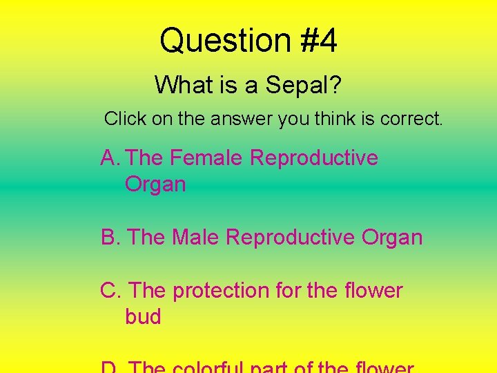 Question #4 What is a Sepal? Click on the answer you think is correct.