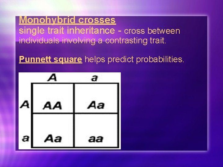 Monohybrid crosses single trait inheritance - cross between individuals involving a contrasting trait. Punnett