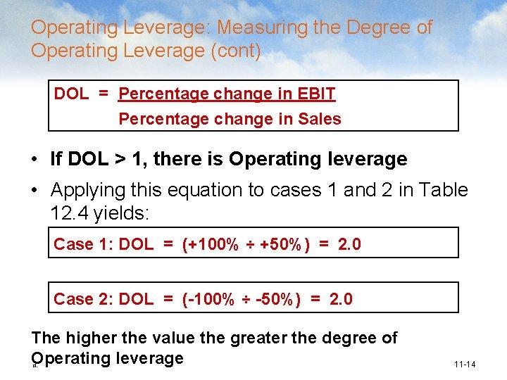 Operating Leverage: Measuring the Degree of Operating Leverage (cont) DOL = Percentage change in