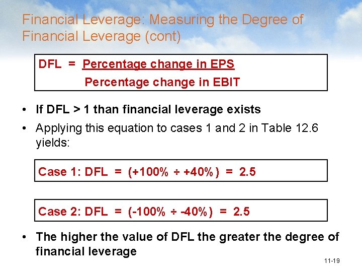 Financial Leverage: Measuring the Degree of Financial Leverage (cont) DFL = Percentage change in