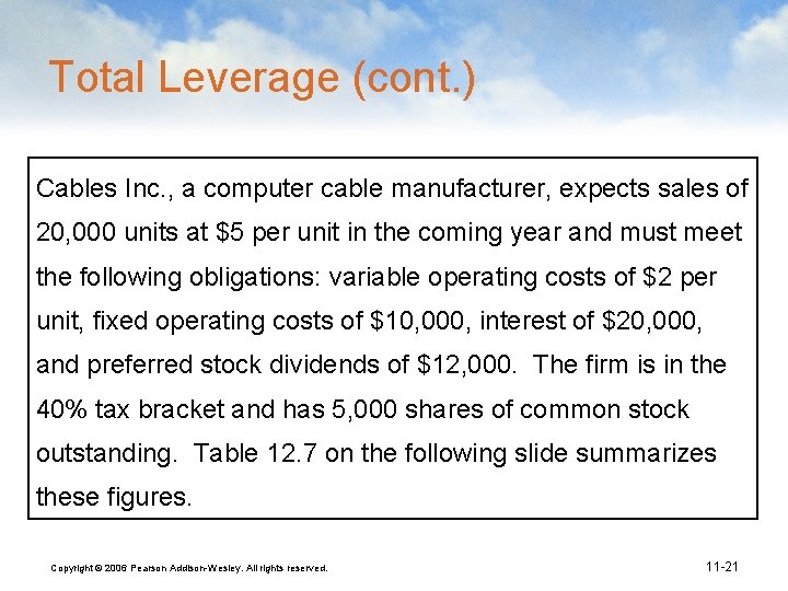 Total Leverage (cont. ) Cables Inc. , a computer cable manufacturer, expects sales of