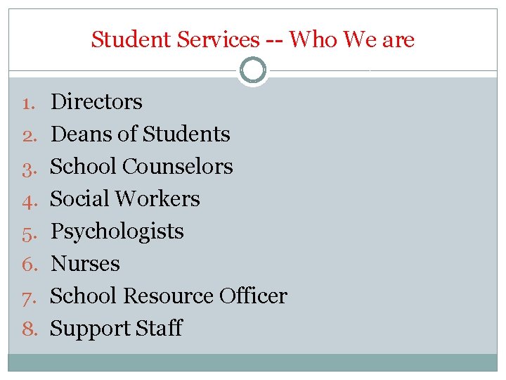 Student Services -- Who We are 1. Directors 2. Deans of Students 3. School