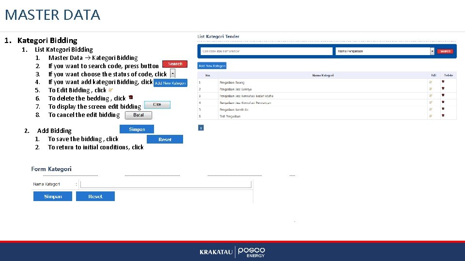 MASTER DATA 1. Kategori Bidding 1. 2. List Kategori Bidding 1. Master Data Kategori