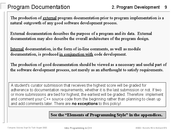 Program Documentation 2. Program Development 9 The production of external program documentation prior to