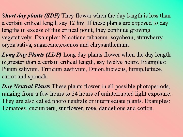 Short day plants (SDP) They flower when the day length is less than a