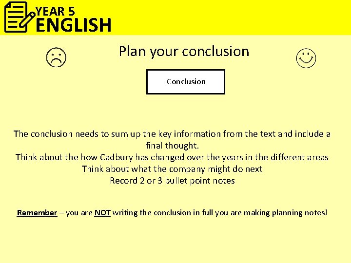 YEAR 5 ENGLISH Plan your conclusion Conclusion The conclusion needs to sum up the