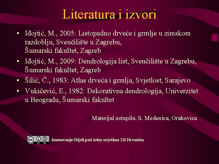 Literatura i izvori • Iđojtić, M. , 2005: Listopadno drveće i grmlje u zimskom