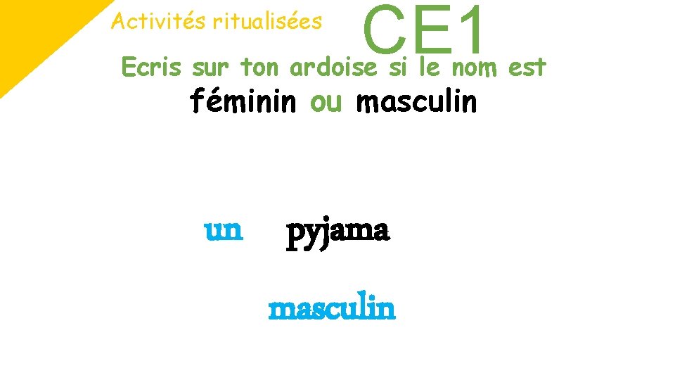 Activités ritualisées CE 1 Ecris sur ton ardoise si le nom est féminin ou