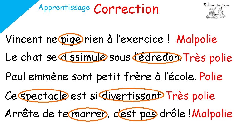 Apprentissage Correction Vincent ne pige rien à l’exercice ! Malpolie Le chat se dissimule