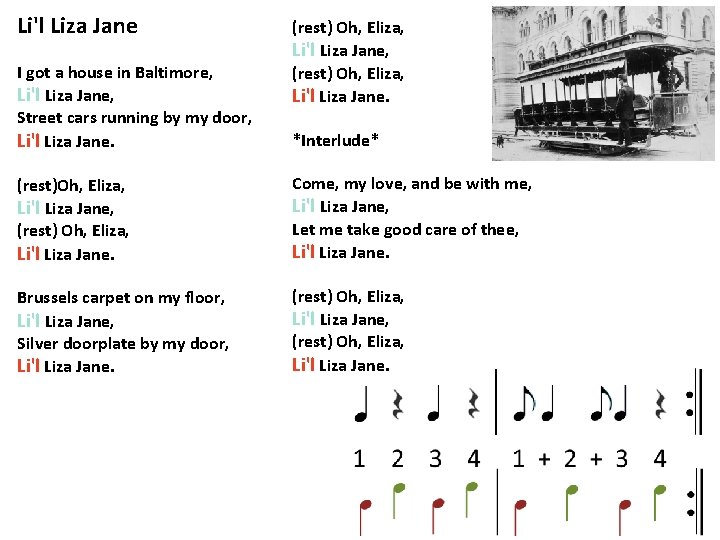 Li'l Liza Jane I got a house in Baltimore, Li'l Liza Jane, Street cars