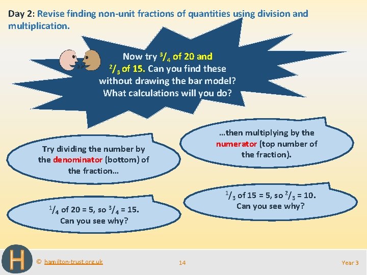 Day 2: Revise finding non-unit fractions of quantities using division and multiplication. Now try