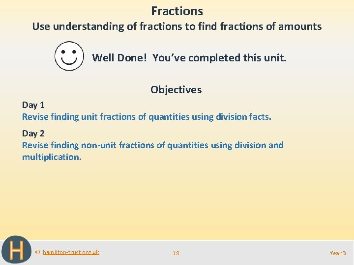 Fractions Use understanding of fractions to find fractions of amounts Well Done! You’ve completed