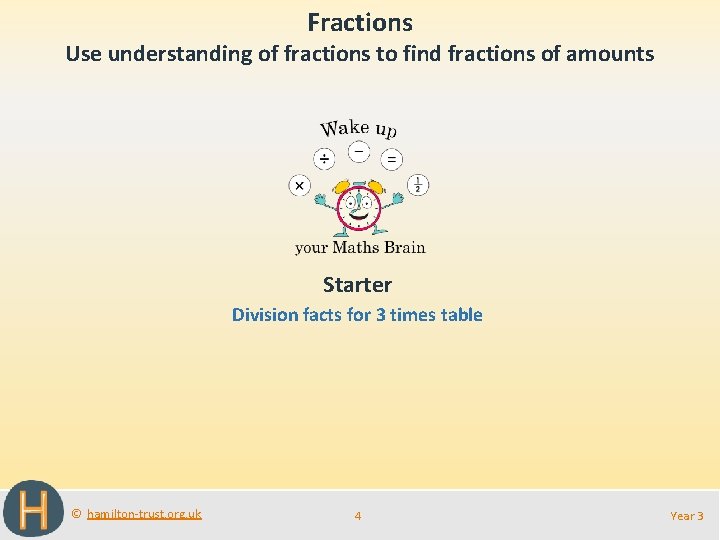 Fractions Use understanding of fractions to find fractions of amounts Starter Division facts for