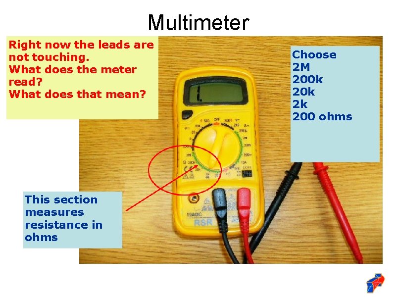 Multimeter Right now the leads are not touching. What does the meter read? What