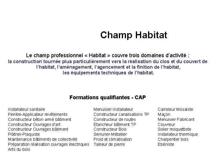 Champ Habitat Le champ professionnel « Habitat » couvre trois domaines d’activité : la