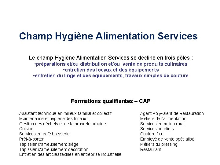 Champ Hygiène Alimentation Services Le champ Hygiène Alimentation Services se décline en trois pôles