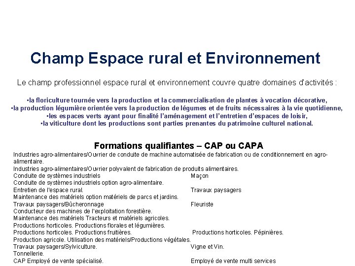 Champ Espace rural et Environnement Le champ professionnel espace rural et environnement couvre quatre