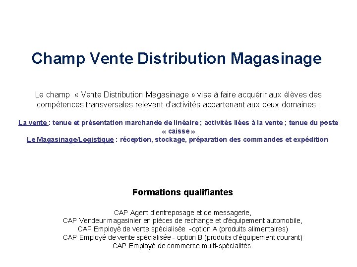 Champ Vente Distribution Magasinage Le champ « Vente Distribution Magasinage » vise à faire