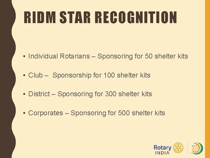 RIDM STAR RECOGNITION • Individual Rotarians – Sponsoring for 50 shelter kits • Club