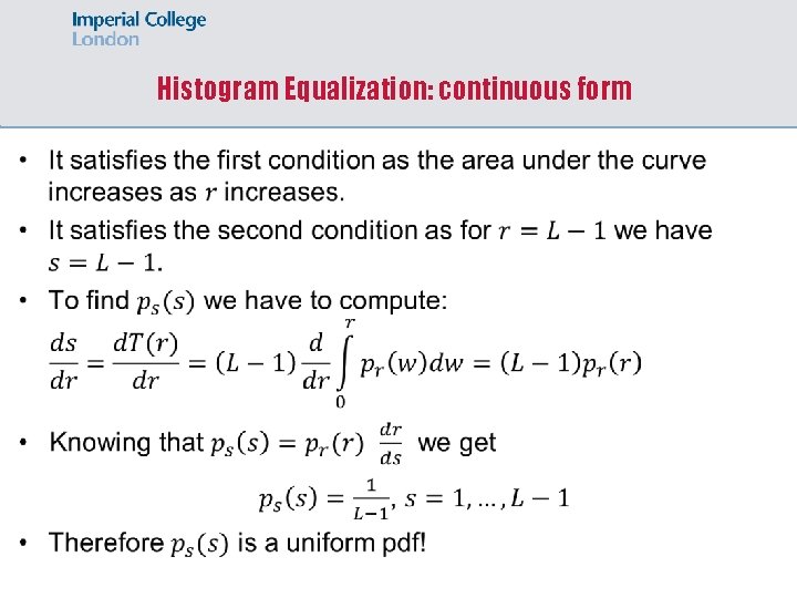 Histogram Equalization: continuous form 