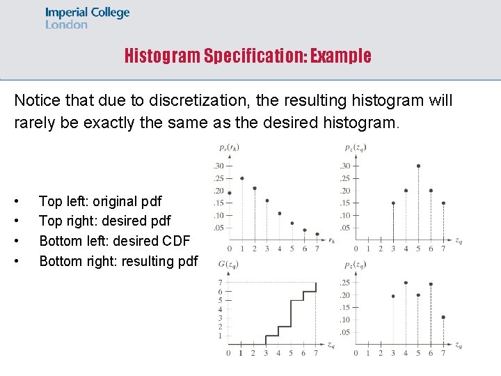 Histogram Specification: Example Notice that due to discretization, the resulting histogram will rarely be