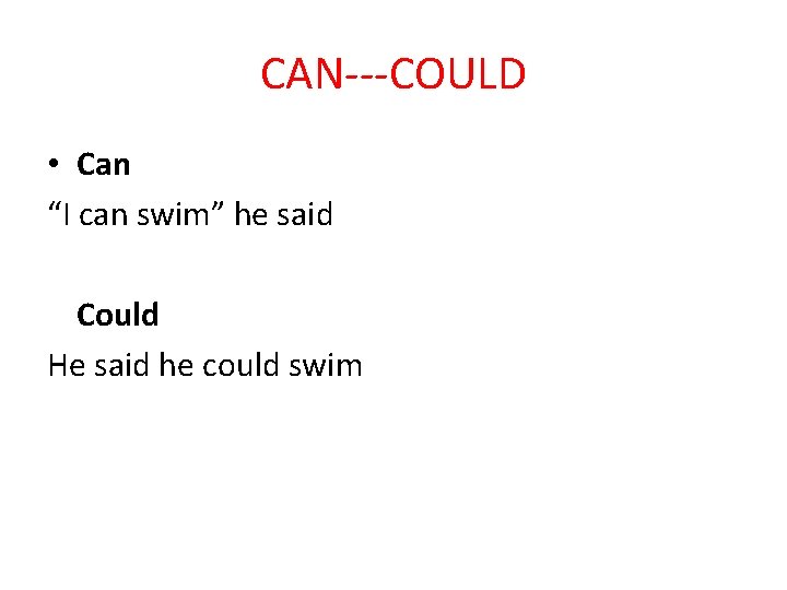 CAN---COULD • Can “I can swim” he said Could He said he could swim