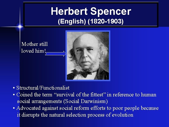 Herbert Spencer (English) (1820 -1903) Mother still loved him! • Structural/Functionalist • Coined the
