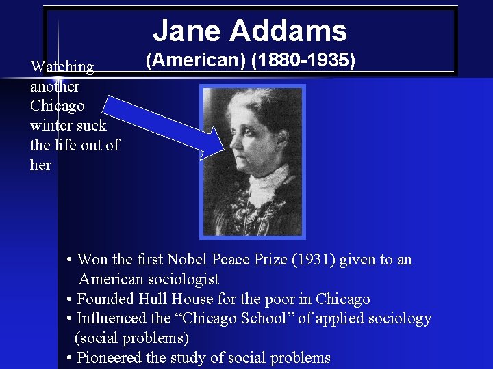 Jane Addams Watching another Chicago winter suck the life out of her (American) (1880