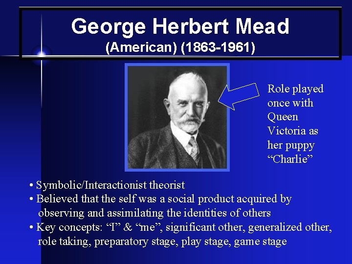 George Herbert Mead (American) (1863 -1961) Role played once with Queen Victoria as her