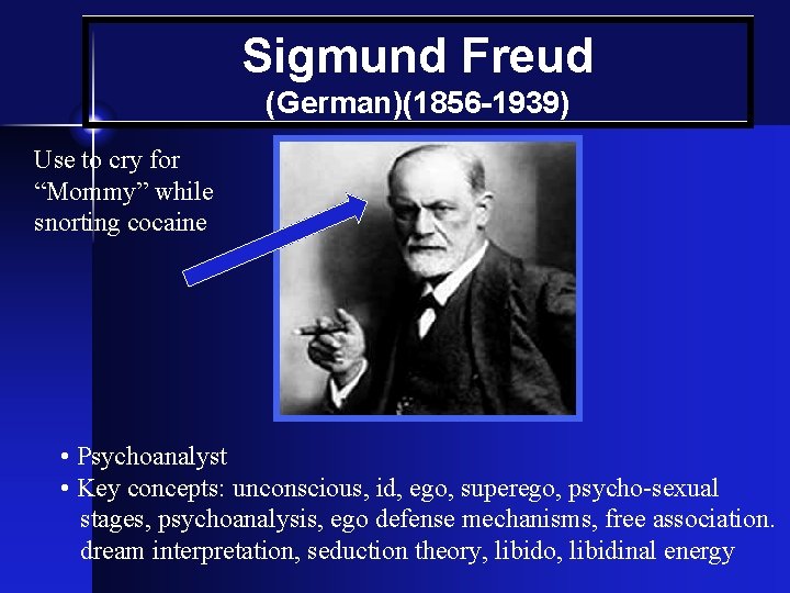 Sigmund Freud (German)(1856 -1939) Use to cry for “Mommy” while snorting cocaine • Psychoanalyst