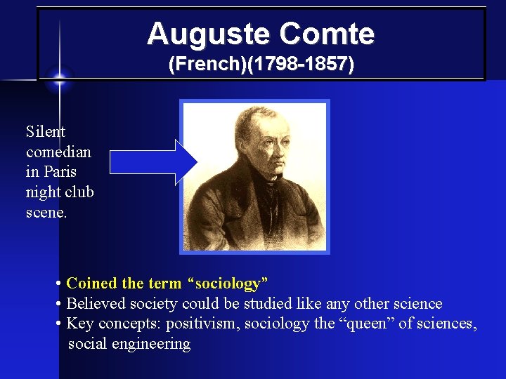 Auguste Comte (French)(1798 -1857) Silent comedian in Paris night club scene. • Coined the