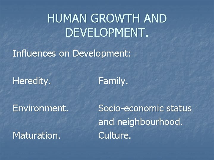 HUMAN GROWTH AND DEVELOPMENT. Influences on Development: Heredity. Family. Environment. Socio-economic status and neighbourhood.