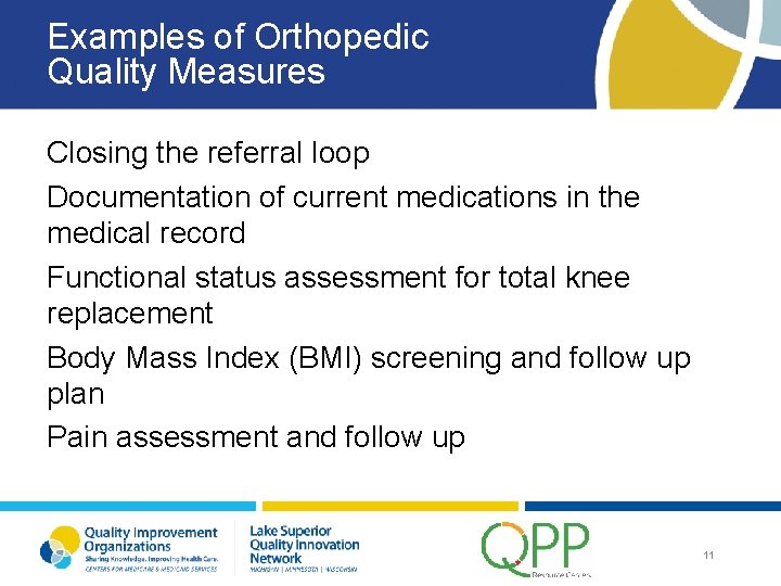 Examples of Orthopedic Quality Measures Closing the referral loop Documentation of current medications in