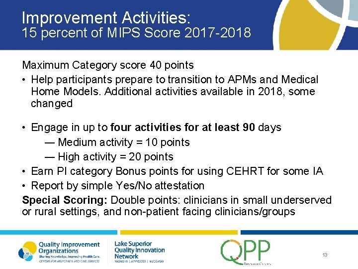 Improvement Activities: 15 percent of MIPS Score 2017 -2018 Maximum Category score 40 points