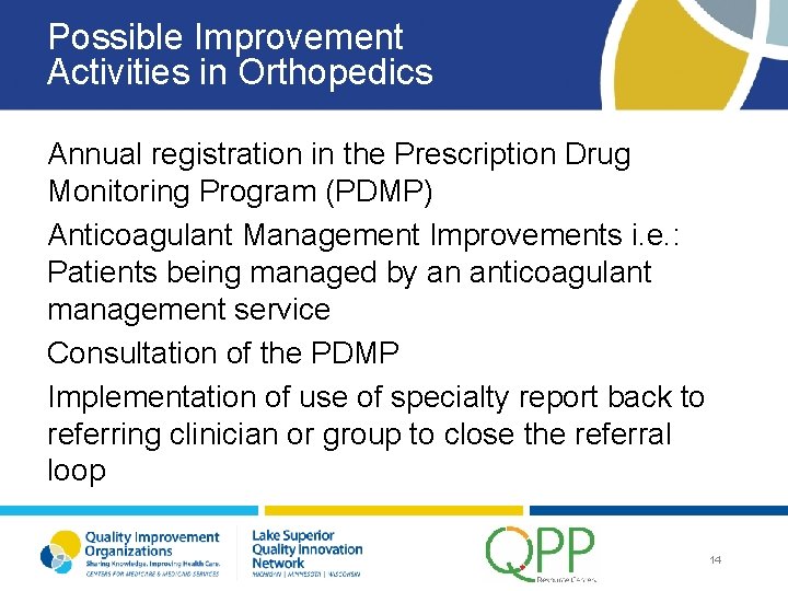 Possible Improvement Activities in Orthopedics Annual registration in the Prescription Drug Monitoring Program (PDMP)