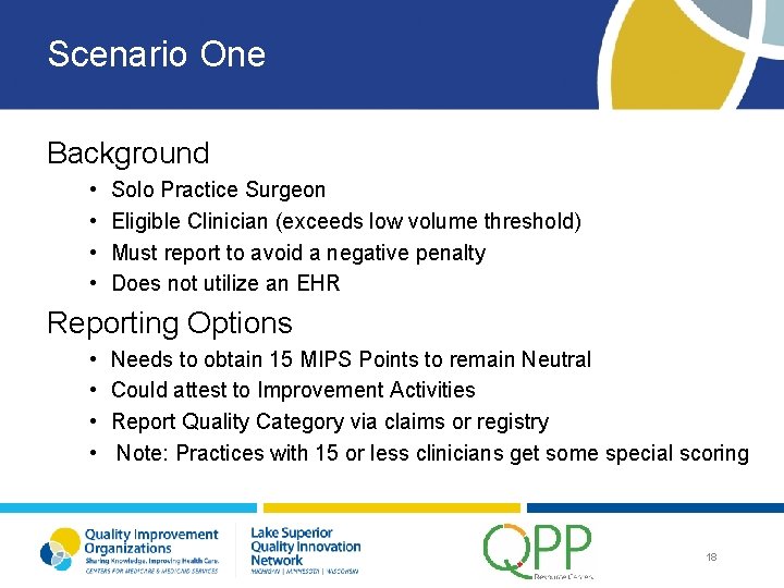 Scenario One Background • • Solo Practice Surgeon Eligible Clinician (exceeds low volume threshold)
