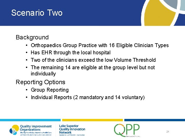 Scenario Two Background • • Orthopaedics Group Practice with 16 Eligible Clinician Types Has