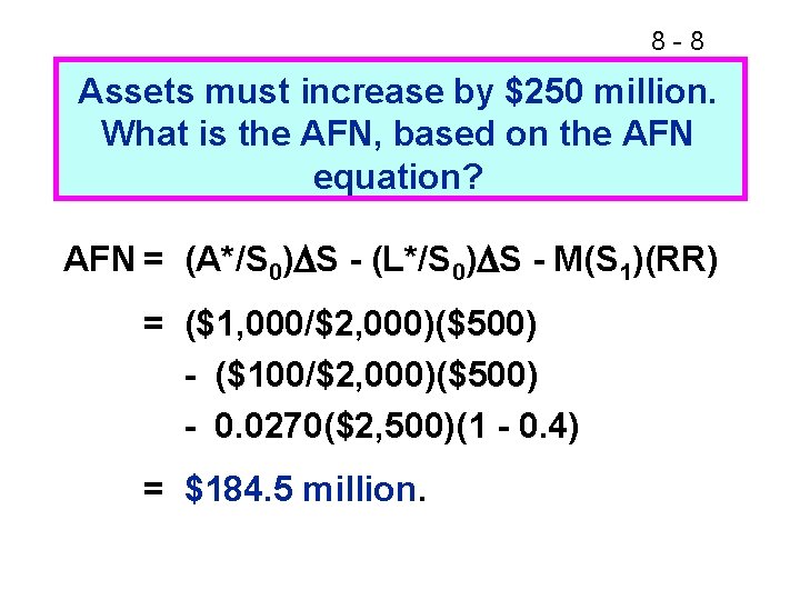8 -8 Assets must increase by $250 million. What is the AFN, based on