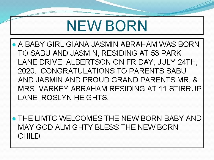 NEW BORN ● A BABY GIRL GIANA JASMIN ABRAHAM WAS BORN TO SABU AND