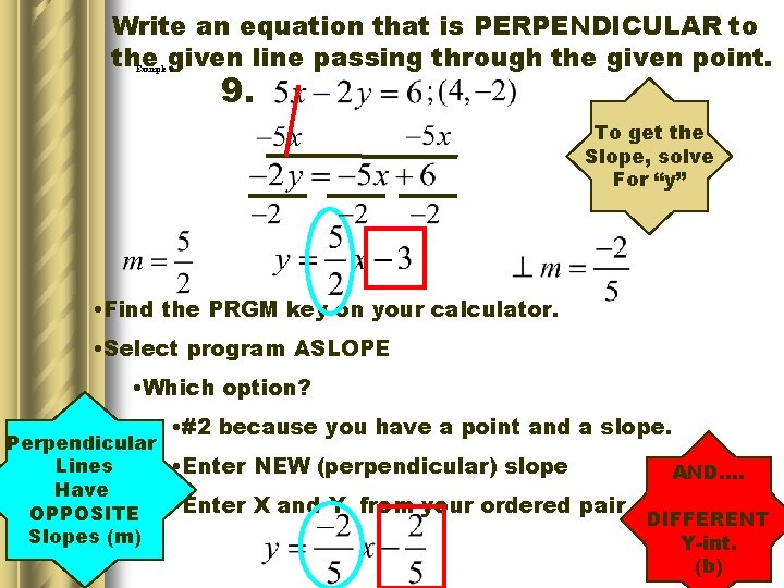 Write an equation that is PERPENDICULAR to the given line passing through the given
